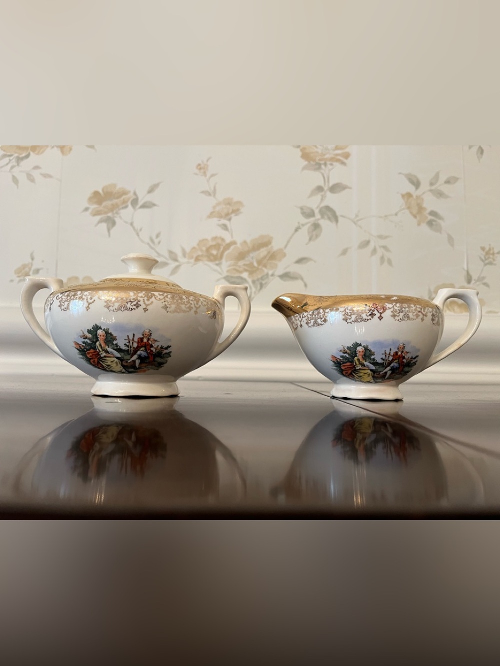 Sabin 22K Gold Vintage “Courting Couple” Sugar & Creamer Set